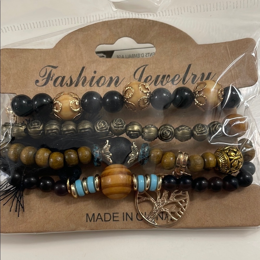 Fashion Jewelry Black and Gold Beaded Bracelet Set